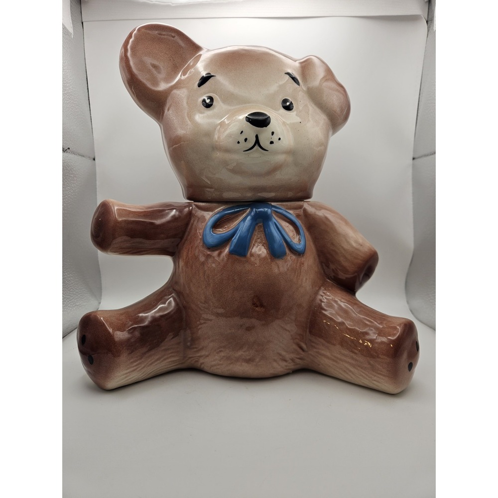 Vintage Mid Century 12" Teddy Bear Cub Cookie Nursery Jar Blue Bow Tie Flop Ear